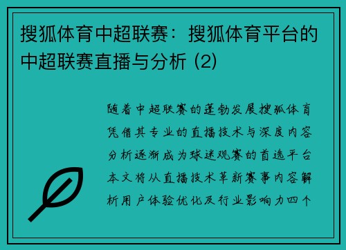搜狐体育中超联赛：搜狐体育平台的中超联赛直播与分析 (2)
