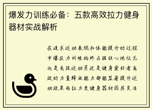 爆发力训练必备：五款高效拉力健身器材实战解析